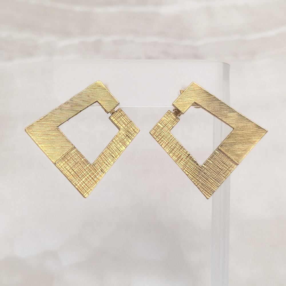Vintage Anne Klein Clip On Earrings 1980s Textured Gold Tone Geometric Statement